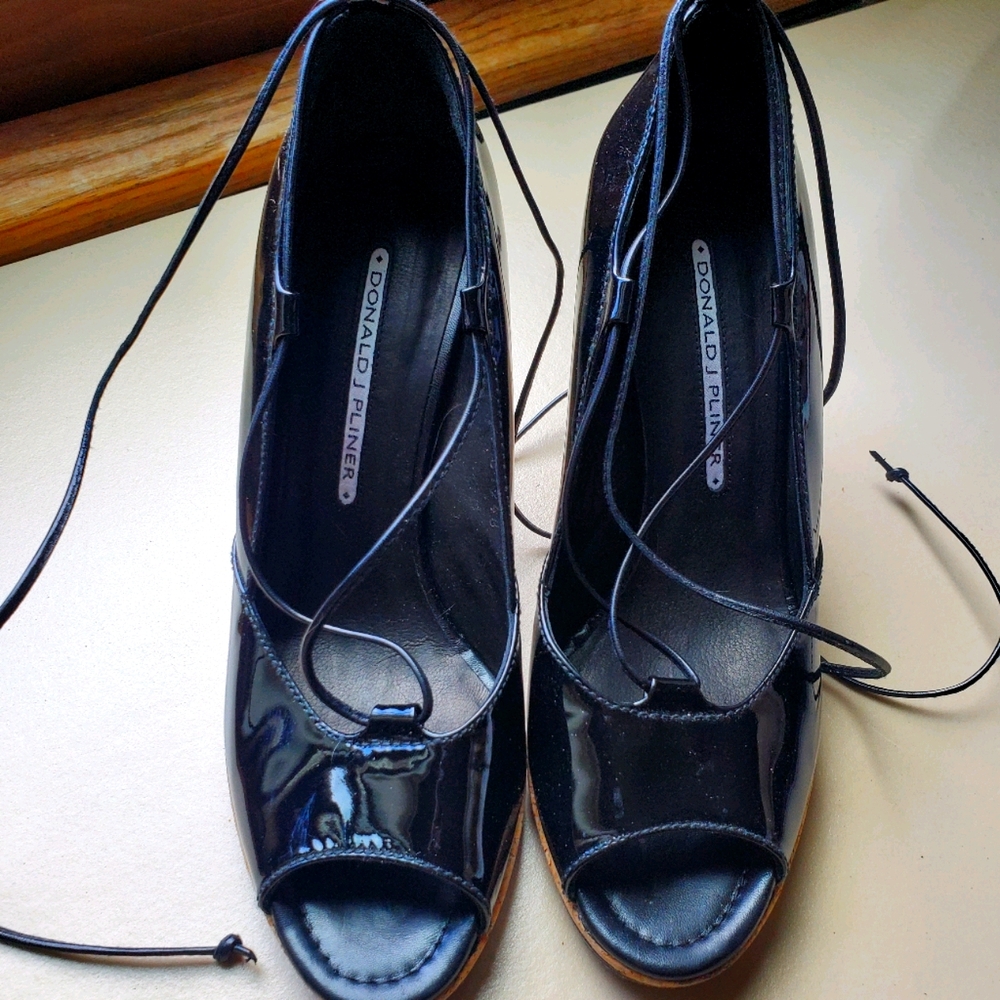 Donald J Pliner Cork and Patent Leather Wedge